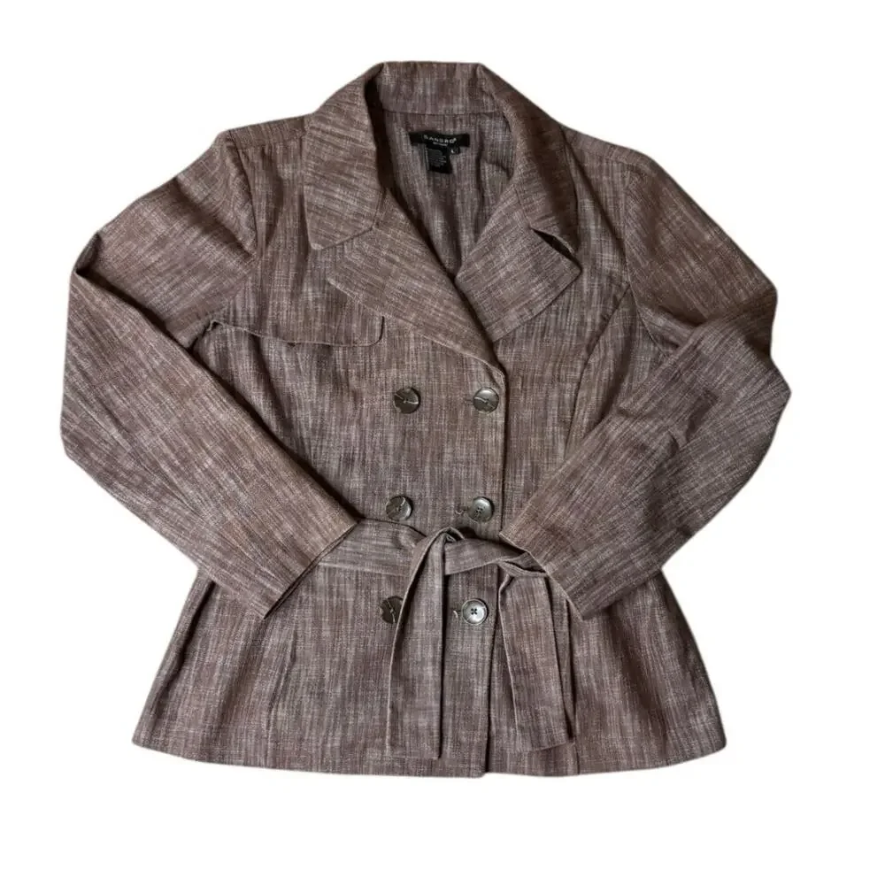 Sandro Sportswear Brown Tie Waist Button Front Belted Jacket Size Large